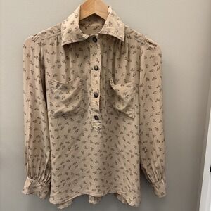 HUNTER DIXON 100% Silk Blouse SMALL Red Long Sleeve Button Up Button Cuff Top